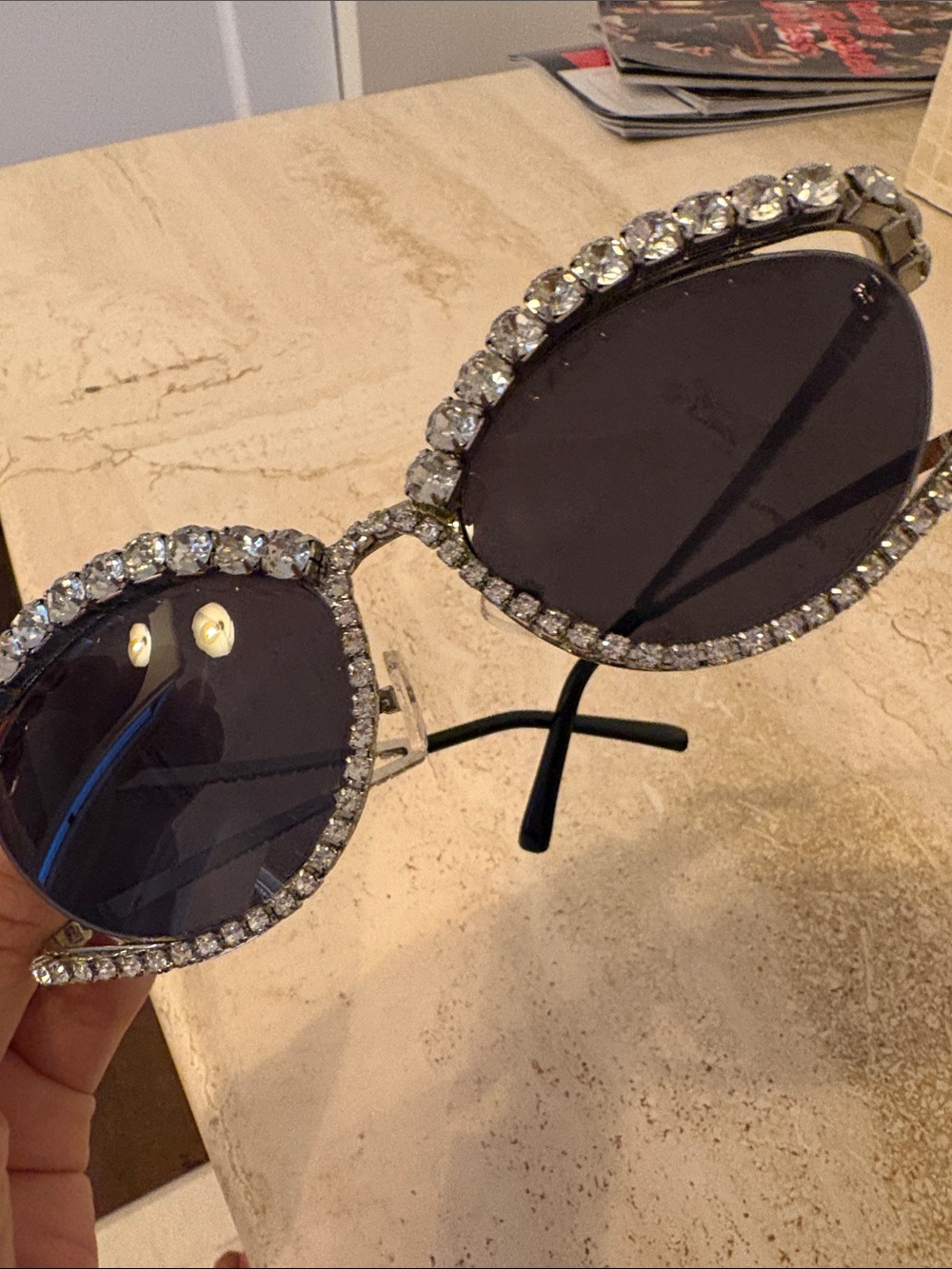 Crystal-Embellished Cat Eye Sunglasses - Black - Picture 5 of 5